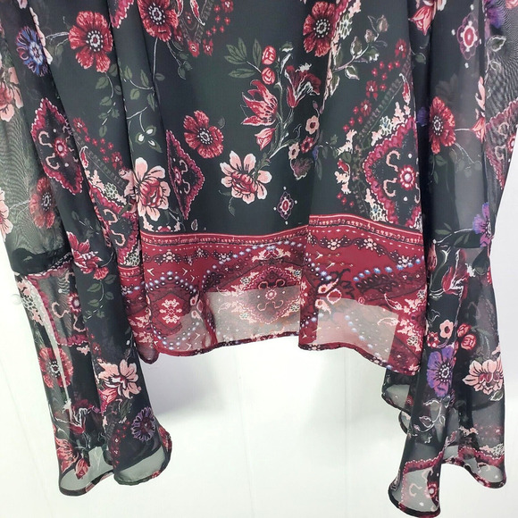 A Byer Top Womens M Sheer Bell Sleeve Cold Shoulder Dark Florals Witchy Goth - Picture 4 of 11